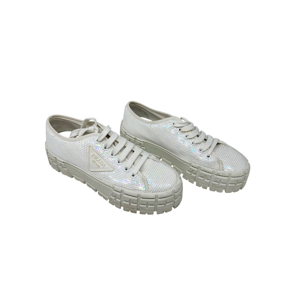 Prada Double Wheel White Sequin Platform Sneaker Triangle Logo 39
